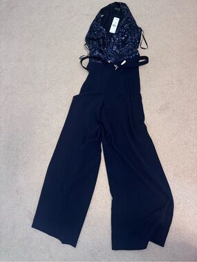 Lauren Ralph Lauren Navy Sequin Halter Wide-Leg Jumpsuit